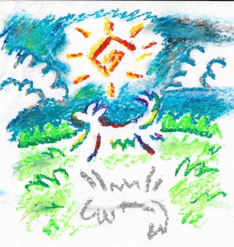 a childlike oil pastel drawing of a dogthing running through grass underneath a spiral sun. the dogthing is lined with a rainbow of colors, while its shadow is just gray.