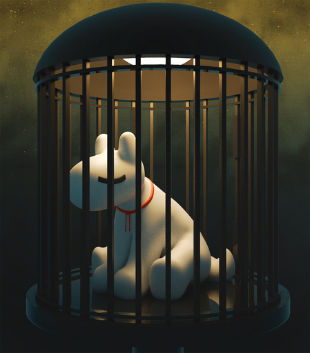 a 3d render of a dogthing in a metal cage. a light inside the upper ceiling casts down on the dogthing, which is sitting with its eyes closed. it has a red ribbon around its neck. the backdrop is cloudy and moody. the dark values are washed out