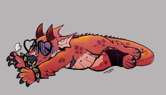 An exhausted and demoralized red bull terrier esque kobold with various piercings and heart glasses lies on its stomach in defeat. They let out a sad sigh.