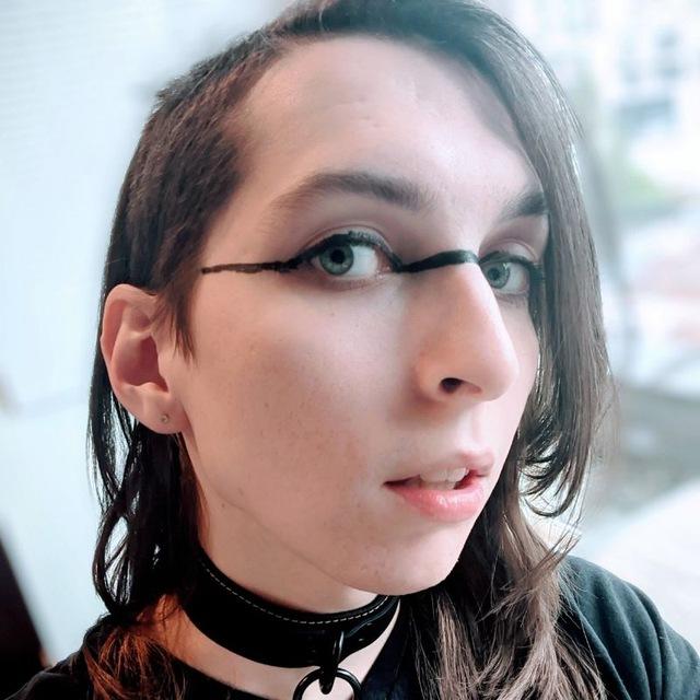 a selfie of Lore taken in 2019 or 2020. it is not wearing glasses. Its wavy brown hair grows past it shoulders but it has a side shave. Lore is wearing a wide black leather collar with an attachment point on the front, and it has a line drawn across its face with black eyeliner, from one temple across the eyes and bridge of the nose to the other temple.
cool natural light falls on Lore's face and warm light falls on the side of its head. Its cheekbone is dramatized by the contrast.